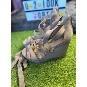 Torrid Taupe microfiber Lace Up Wedge Ankle Strap Sandals Women's Size 8W